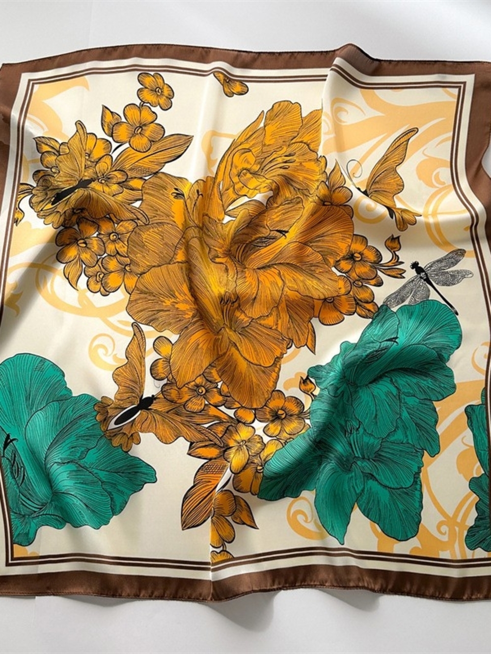 Silk-feel Floral Print  Square Scarf - Orange & Teal 70*70cm
